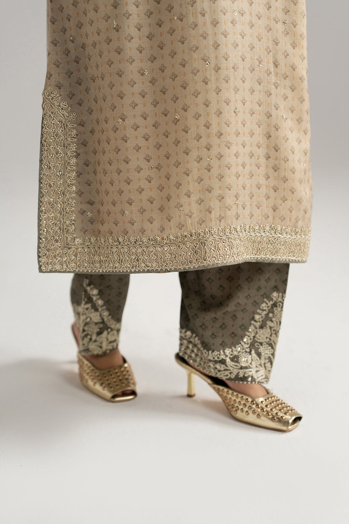 Mannam Taupe Set styled — ivory phiran with contrast printed shalwar | Pakistani Eid fashion UK