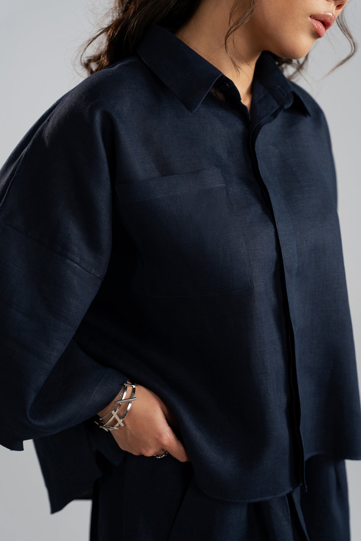 Button-down placket detail on Indigo Set shirt