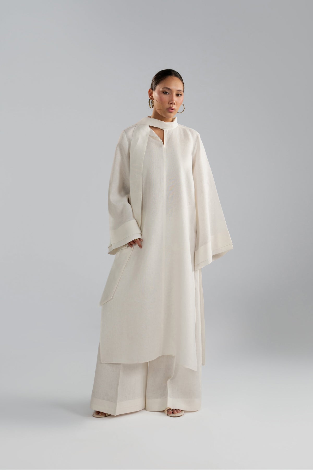 Mist Set white co-ord, double-layer bell sleeves and wide-leg trouser