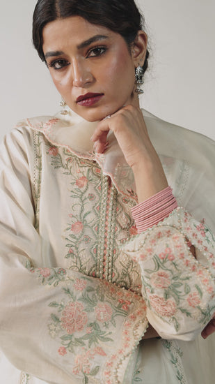 Video of Mannam Cream Set — pure silk three-piece Pakistani kameez with floral beadwork, keyhole sleeves and embroidered organza dupatta
