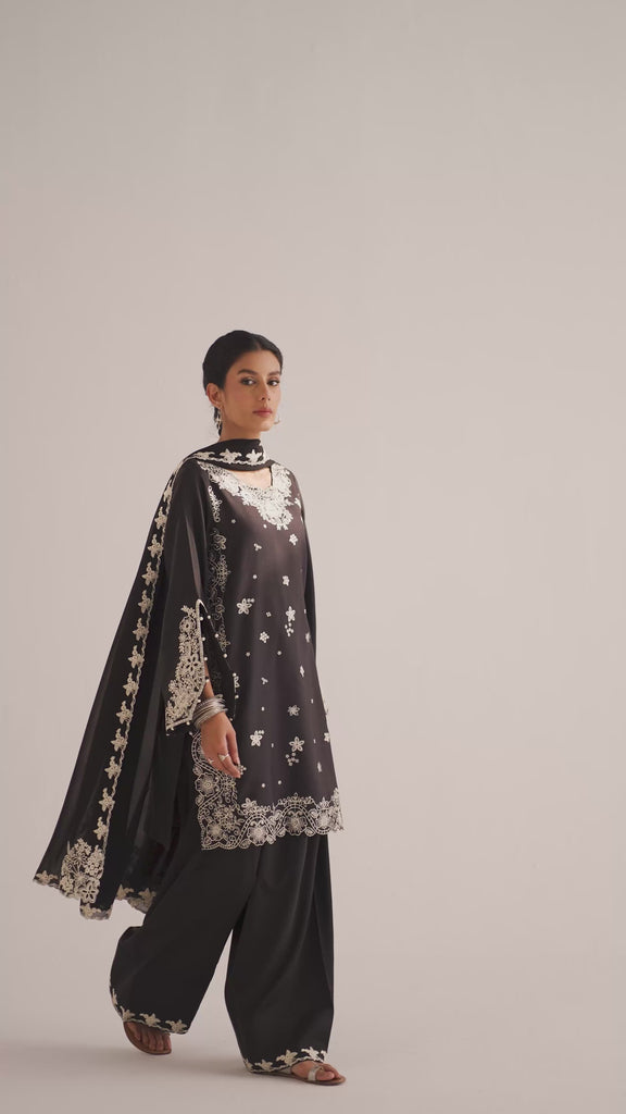 Video of Mannam Coal Farshi Set — black Pima cotton Pakistani farshi shalwar kameez with ivory threadwork and dupatta