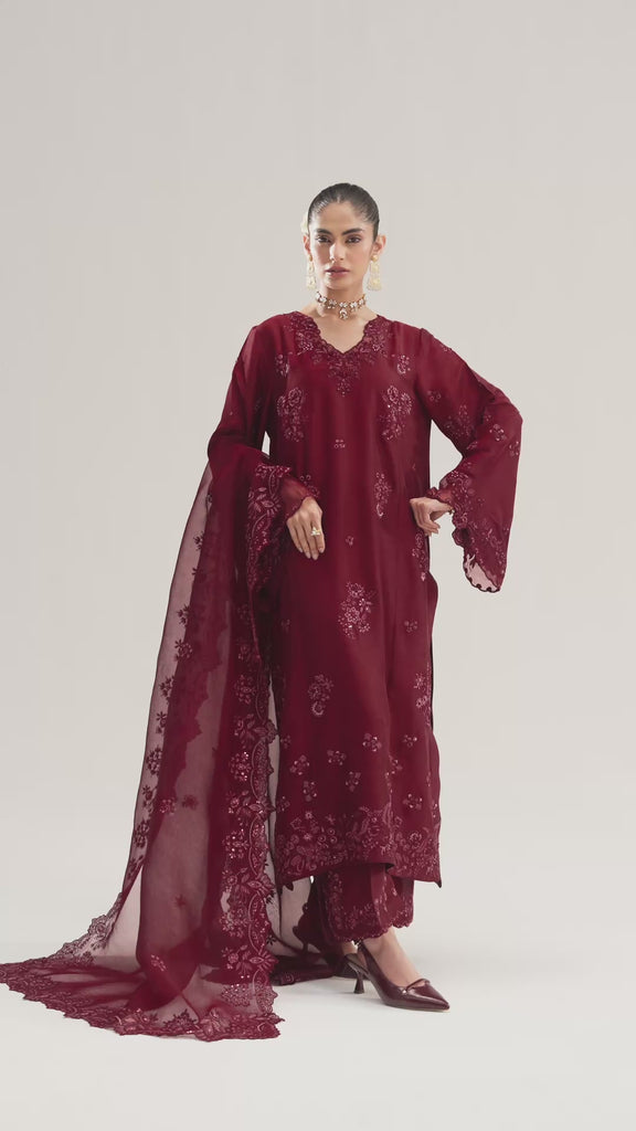 Video of Mannam Cranberry Set — maroon raw silk Pakistani long kameez with floral threadwork, sequins and organza dupatta