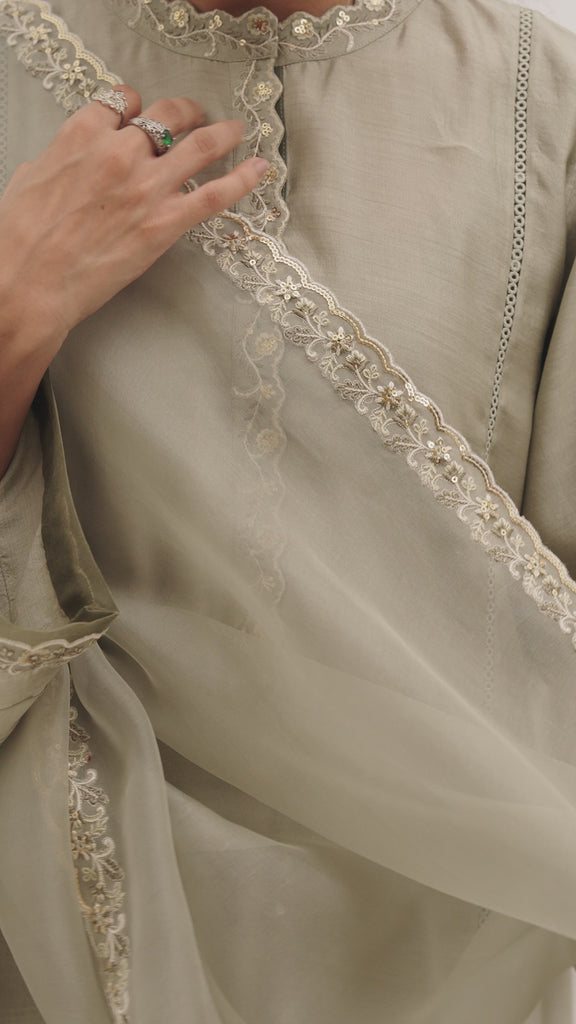 Sequin Embroidered Silk Pakistani Culotte Suit with Lacework Panels