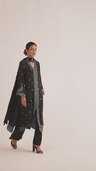 Video of Mannam Onyx Set — black khaadi silk jacket-style Pakistani formal kameez with Adda embroidery and georgette dupatta