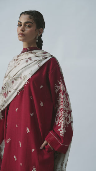 Video of Mannam Ruby Set — red three-panel cotton-rayon Pakistani kameez with pintuck trousers and silk printed dupatta