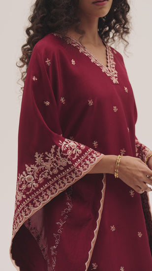 Video of Mannam Burgundy Kaftan — pure silk Pakistani kaftan dress with floral and adda embroidery in deep burgundy