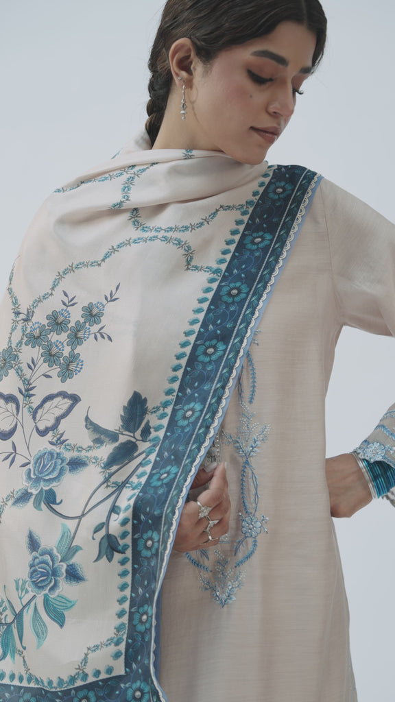 Almond Pakistani pure silk kameez with scalloped edges and printed silk dupatta — Mannam UK