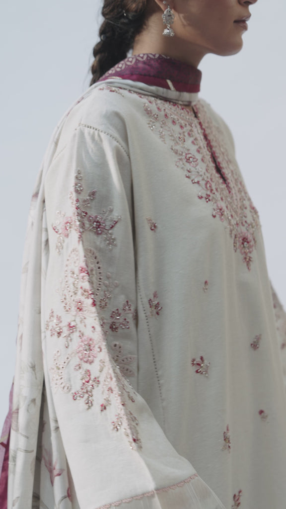 The Ecru Pakistani Kameez — Hand-Embellished Floral Details, Pockets & Pintuck Trousers