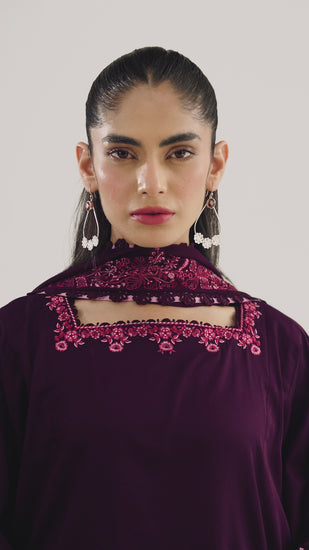 Deep plum short kameez with farshi shalwar Pakistani formal dress with embroidered dupatta