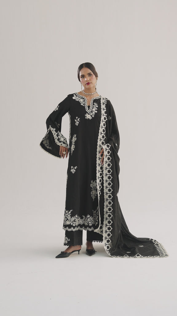 Luna Set video — black cotton Pakistani asymmetric kameez with ivory threadwork embroidery, wide trousers and monochrome dupatta UK