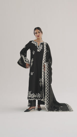 Luna Set video — black cotton Pakistani asymmetric kameez with ivory threadwork embroidery, wide trousers and monochrome dupatta UK