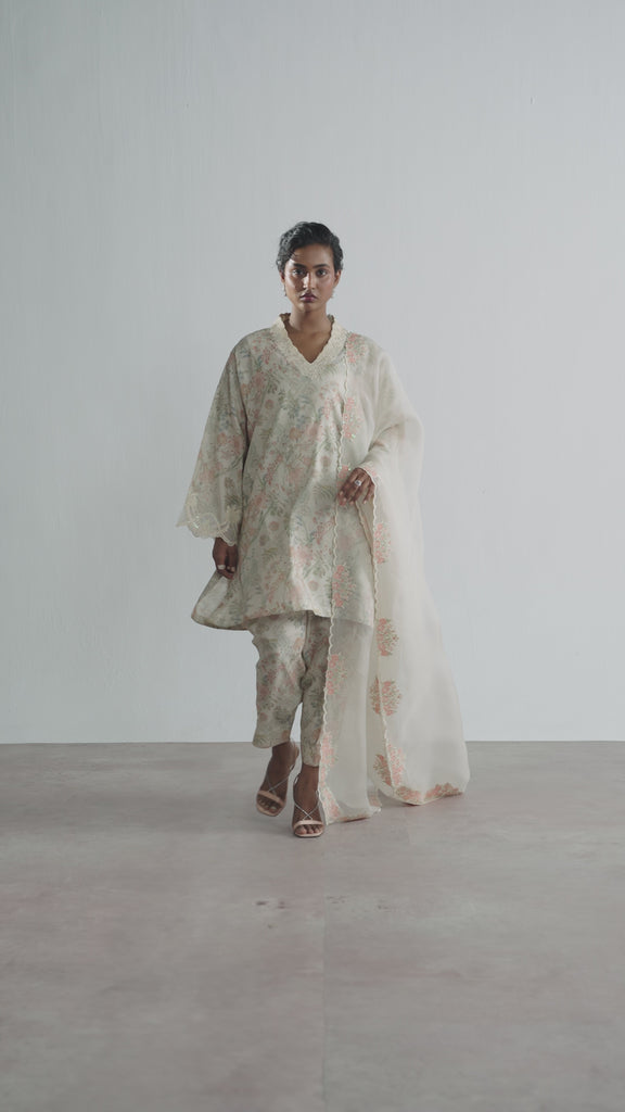 ivory khaadi silk botanical print Pakistani short kameez with pockets available in UK
