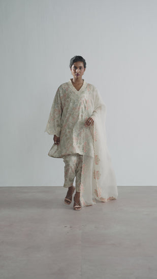 ivory khaadi silk botanical print Pakistani short kameez with pockets available in UK