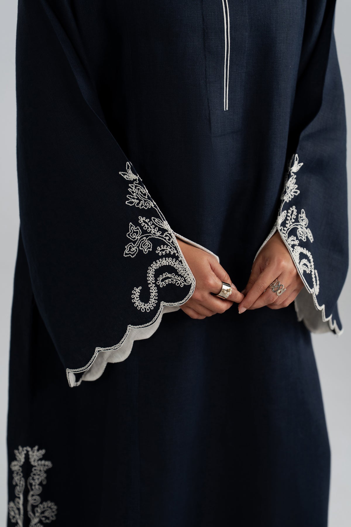 Slit sleeve detail on Selene Set kaftan, dori cord embroidery at cuff