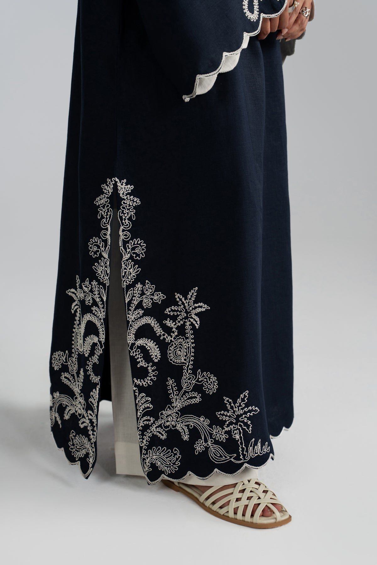 Dori embroidery pattern detail on Selene Set kaftan hem